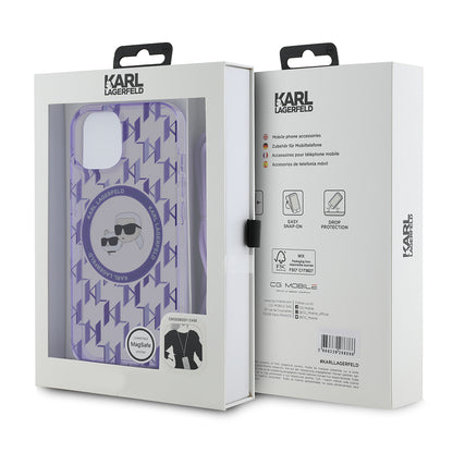 Funda MagSafe para Apple iPhone 15, Karl Lagerfeld, IML Crossbody Monogram Karl & Choupette's Heads, Morado