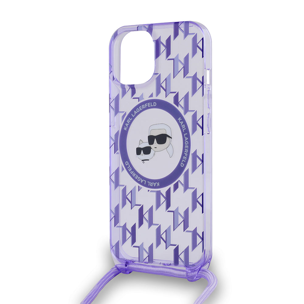 Funda MagSafe para Apple iPhone 15, Karl Lagerfeld, IML Crossbody Monogram Karl & Choupette's Heads, Morado