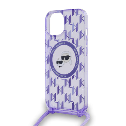 Funda MagSafe para Apple iPhone 15, Karl Lagerfeld, IML Crossbody Monogram Karl & Choupette's Heads, Morado