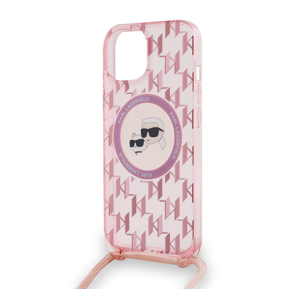 Funda MagSafe para Apple iPhone 15, Karl Lagerfeld, IML Crossbody Monogram Karl & Choupette's Heads, Rosa