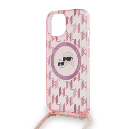Funda MagSafe para Apple iPhone 15, Karl Lagerfeld, IML Crossbody Monogram Karl & Choupette's Heads, Rosa