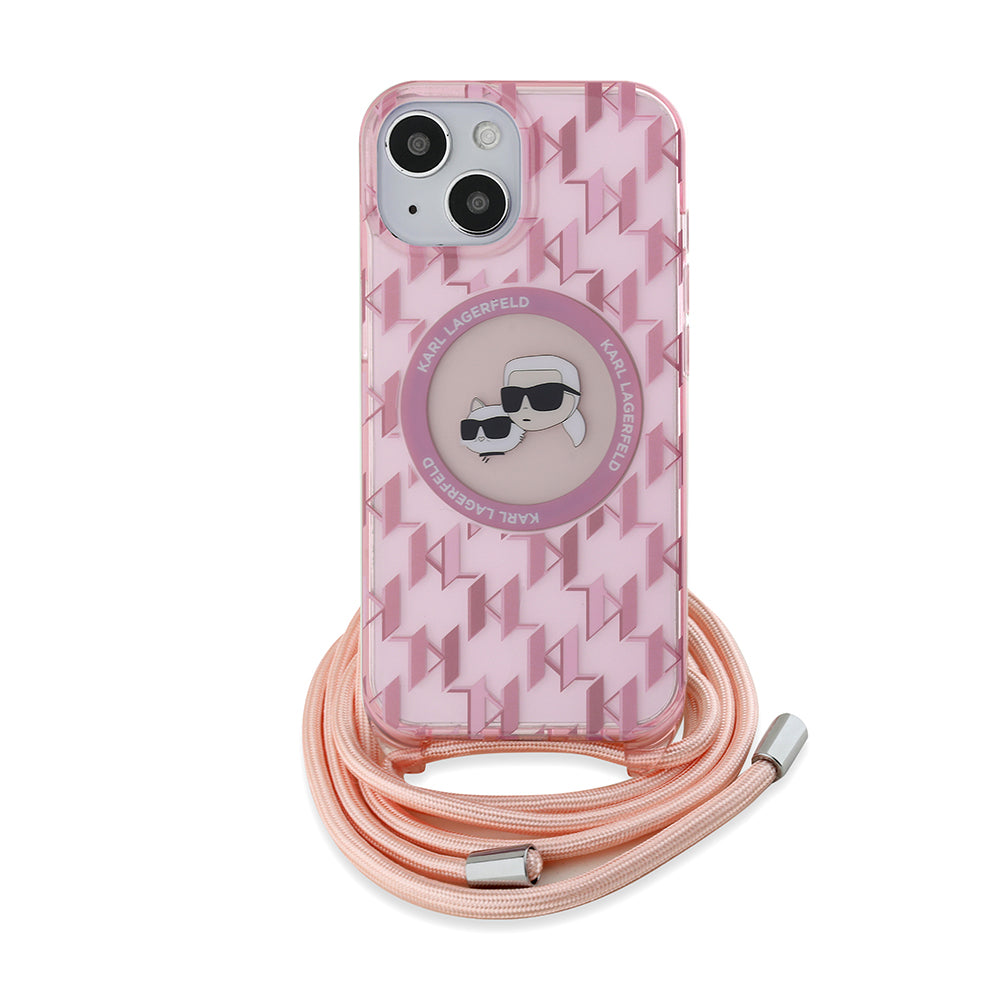 Funda MagSafe para Apple iPhone 15, Karl Lagerfeld, IML Crossbody Monogram Karl & Choupette's Heads, Rosa