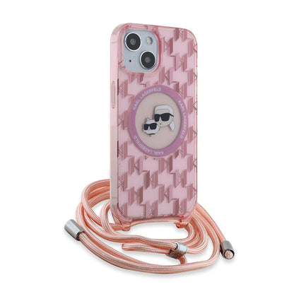 Funda MagSafe para Apple iPhone 15, Karl Lagerfeld, IML Crossbody Monogram Karl & Choupette's Heads, Rosa