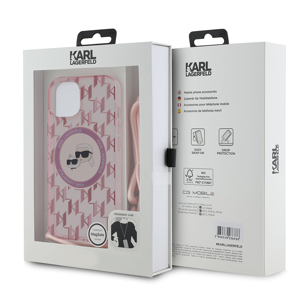 Funda MagSafe para Apple iPhone 15, Karl Lagerfeld, IML Crossbody Monogram Karl & Choupette's Heads, Rosa
