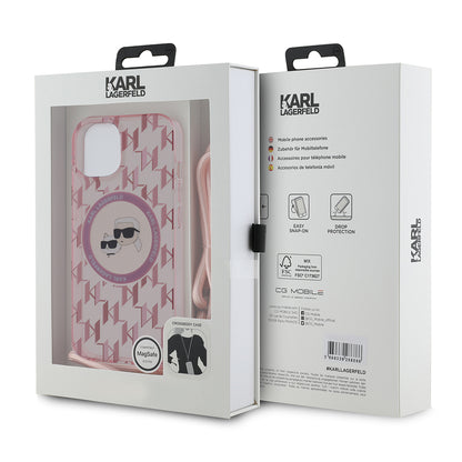 Funda MagSafe para Apple iPhone 15, Karl Lagerfeld, IML Crossbody Monogram Karl & Choupette's Heads, Rosa