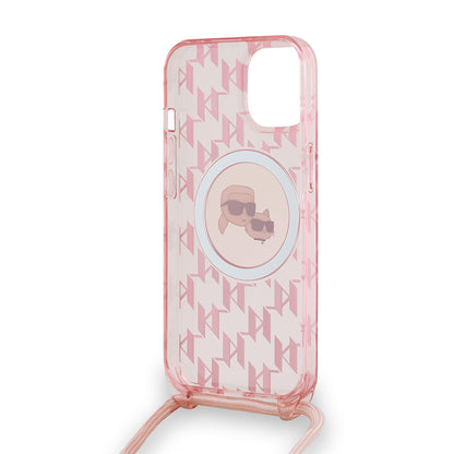 Funda MagSafe para Apple iPhone 15, Karl Lagerfeld, IML Crossbody Monogram Karl & Choupette's Heads, Rosa