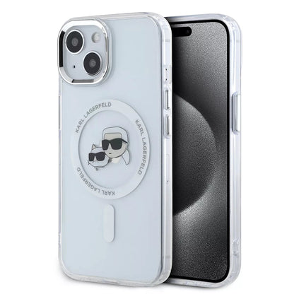 Funda MagSafe para Apple iPhone 15, Karl Lagerfeld, IML Metal Karl & Choupette's Heads, Blanca.