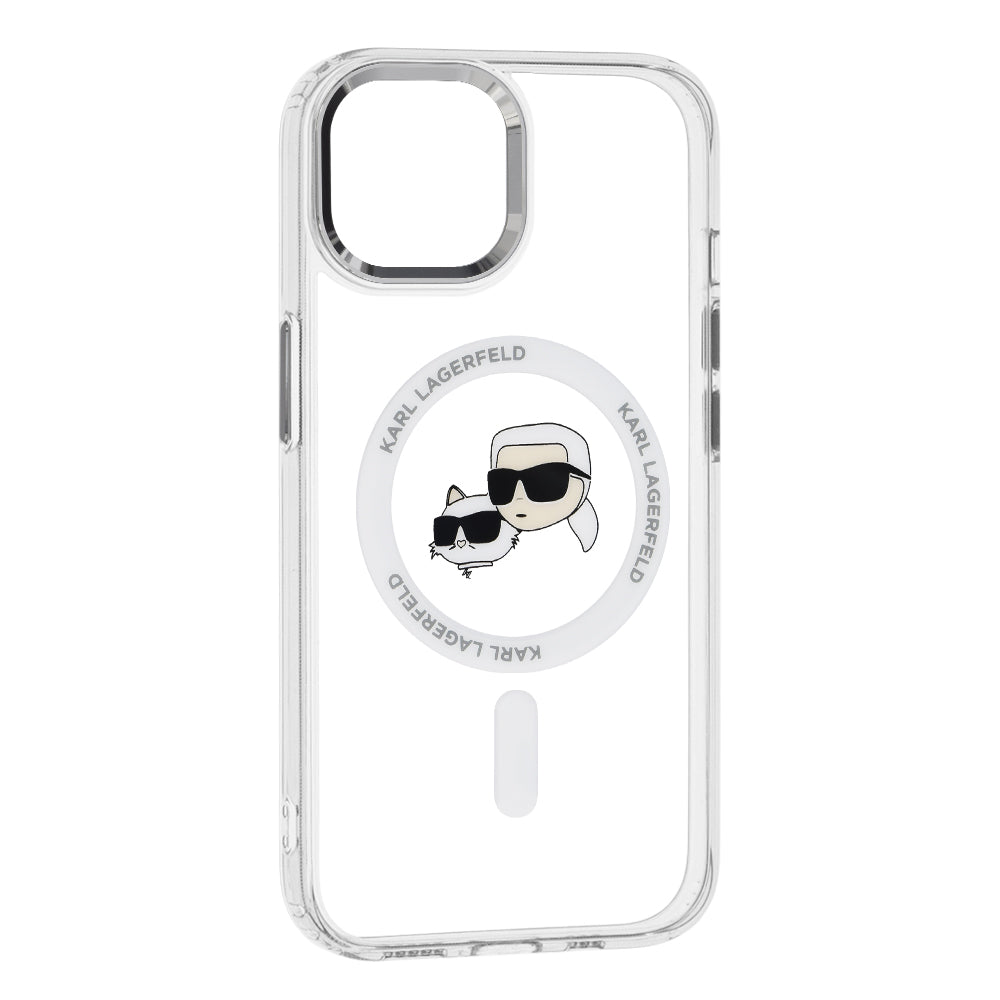 Funda MagSafe para Apple iPhone 15, Karl Lagerfeld, IML Metal Karl & Choupette's Heads, Blanca.
