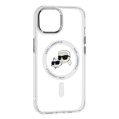 Funda MagSafe para Apple iPhone 15, Karl Lagerfeld, IML Metal Karl & Choupette's Heads, Blanca.