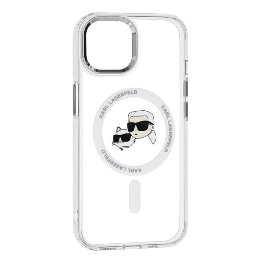 Funda MagSafe para Apple iPhone 15, Karl Lagerfeld, IML Metal Karl & Choupette's Heads, Blanca.