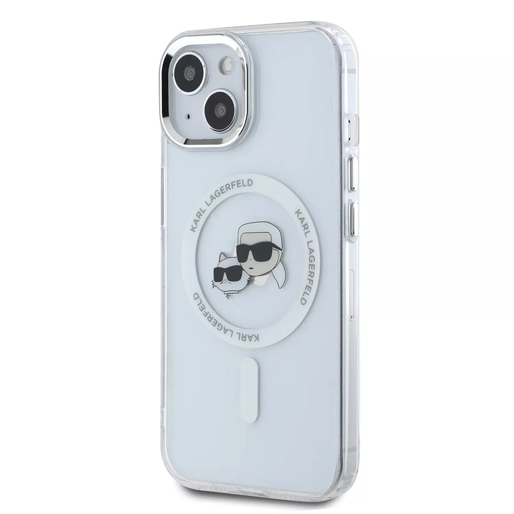 Funda MagSafe para Apple iPhone 15, Karl Lagerfeld, IML Metal Karl & Choupette's Heads, Blanca.