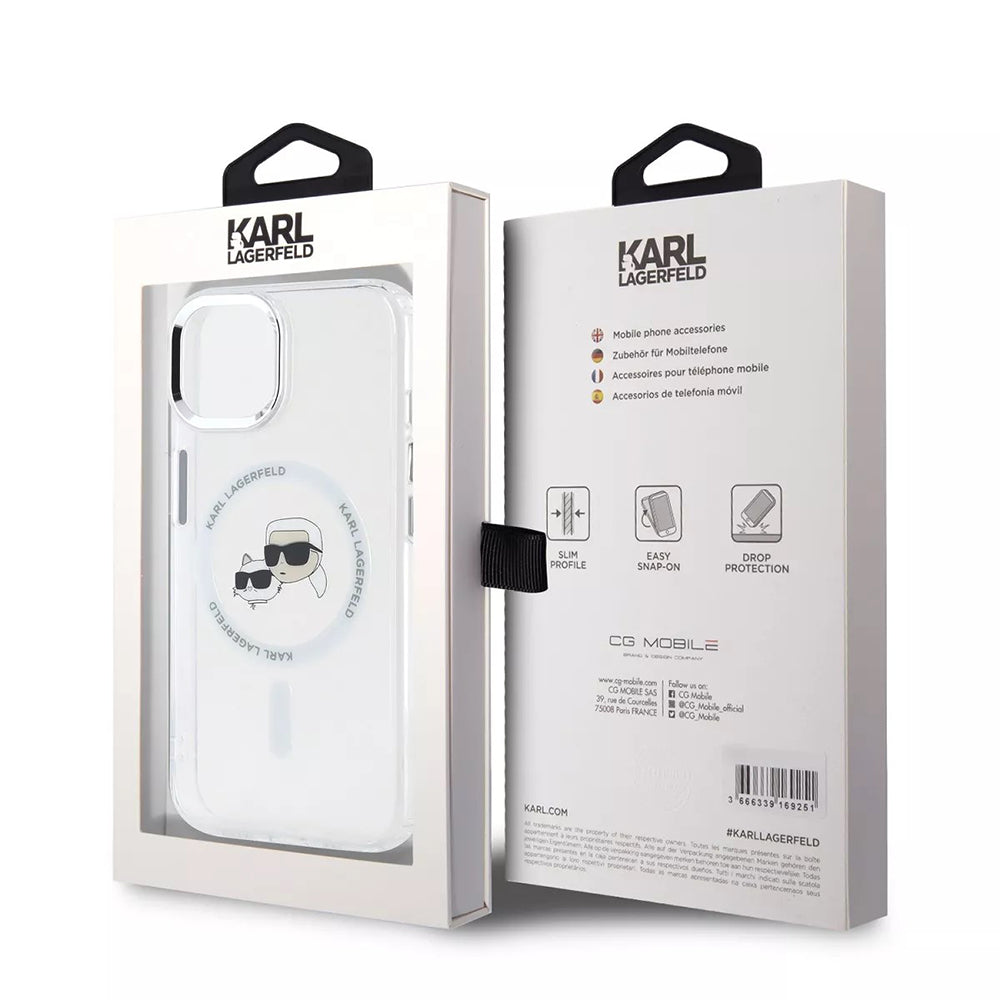 Funda MagSafe para Apple iPhone 15, Karl Lagerfeld, IML Metal Karl & Choupette's Heads, Blanca.