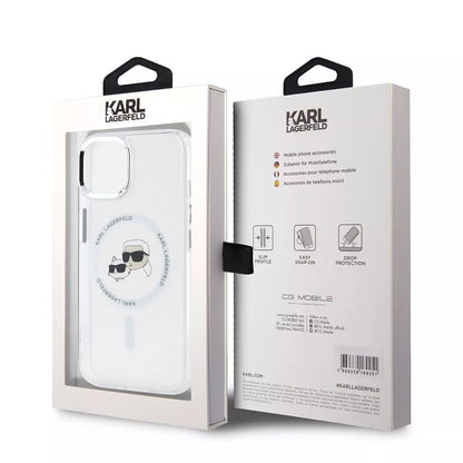 Funda MagSafe para Apple iPhone 15, Karl Lagerfeld, IML Metal Karl & Choupette's Heads, Blanca.
