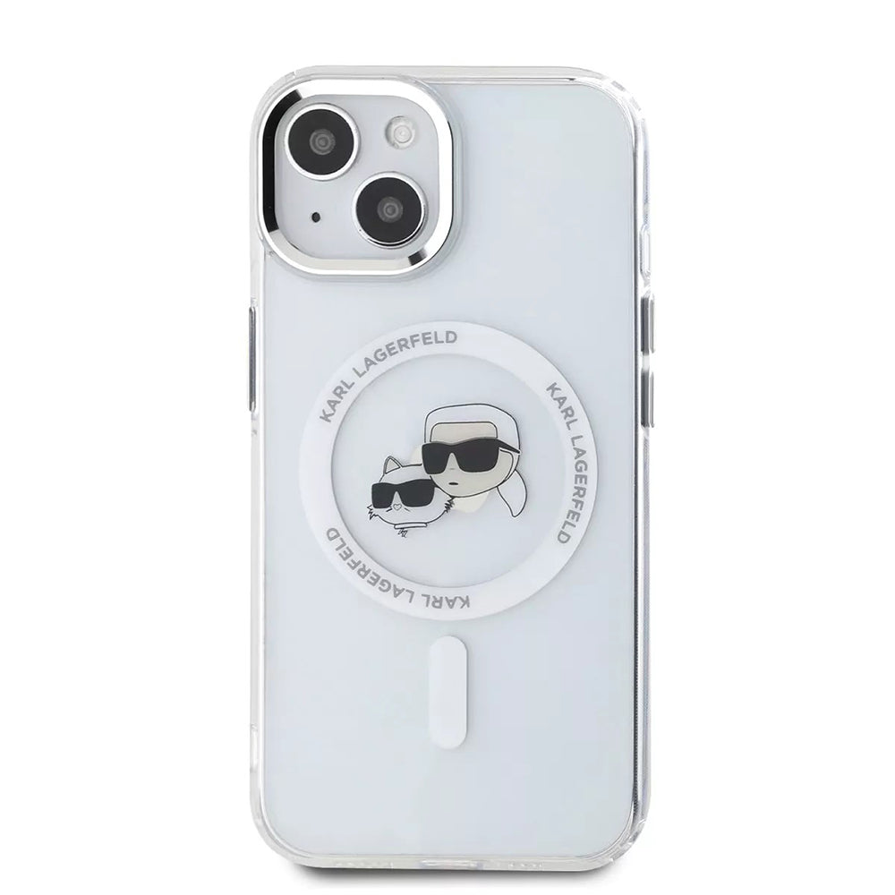 Funda MagSafe para Apple iPhone 15, Karl Lagerfeld, IML Metal Karl & Choupette's Heads, Blanca.