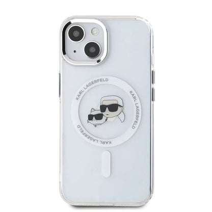 Funda MagSafe para Apple iPhone 15, Karl Lagerfeld, IML Metal Karl & Choupette's Heads, Blanca.