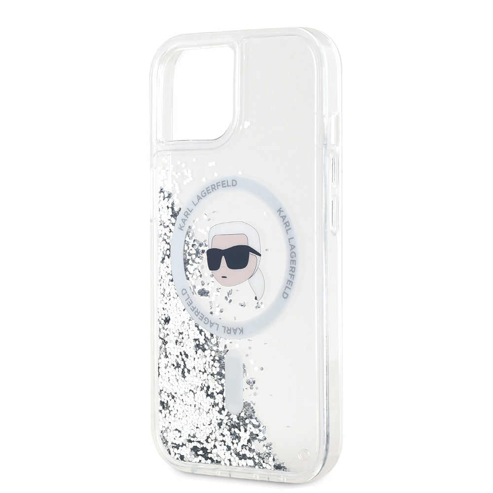 Funda MagSafe para Apple iPhone 15, Karl Lagerfeld, Liquid Glitter Karl's Head, Transparente