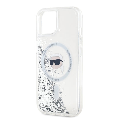 Funda MagSafe para Apple iPhone 15, Karl Lagerfeld, Liquid Glitter Karl's Head, Transparente