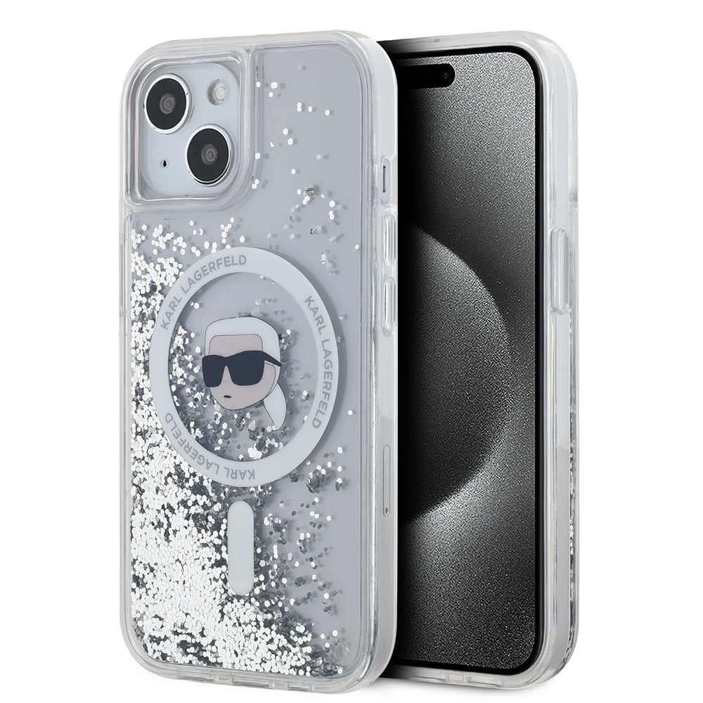 Funda MagSafe para Apple iPhone 15, Karl Lagerfeld, Liquid Glitter Karl's Head, Transparente