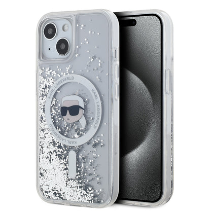 Funda MagSafe para Apple iPhone 15, Karl Lagerfeld, Liquid Glitter Karl's Head, Transparente