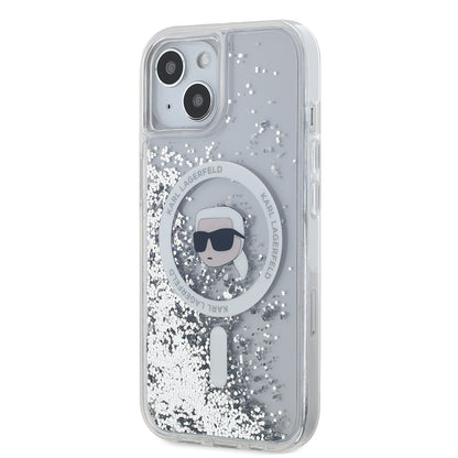 Funda MagSafe para Apple iPhone 15, Karl Lagerfeld, Liquid Glitter Karl's Head, Transparente