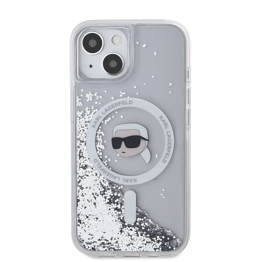 Funda MagSafe para Apple iPhone 15, Karl Lagerfeld, Liquid Glitter Karl's Head, Transparente