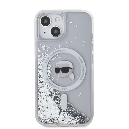 Funda MagSafe para Apple iPhone 15, Karl Lagerfeld, Liquid Glitter Karl's Head, Transparente