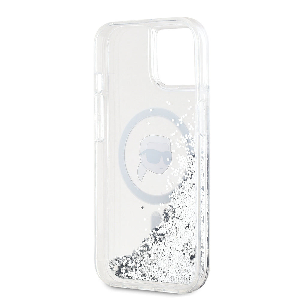 Funda MagSafe para Apple iPhone 15, Karl Lagerfeld, Liquid Glitter Karl's Head, Transparente