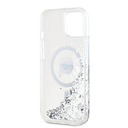 Funda MagSafe para Apple iPhone 15, Karl Lagerfeld, Liquid Glitter Karl's Head, Transparente