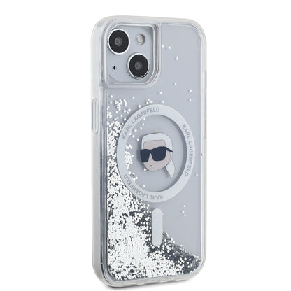 Funda MagSafe para Apple iPhone 15, Karl Lagerfeld, Liquid Glitter Karl's Head, Transparente