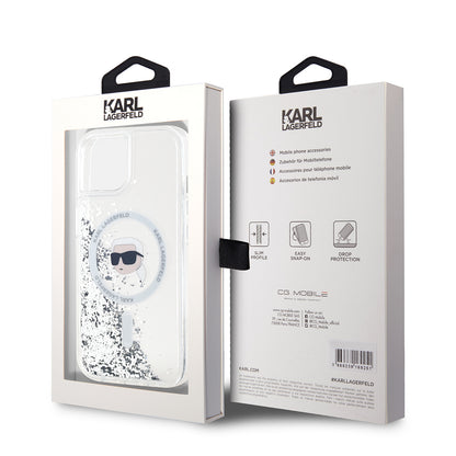 Funda MagSafe para Apple iPhone 15, Karl Lagerfeld, Liquid Glitter Karl's Head, Transparente