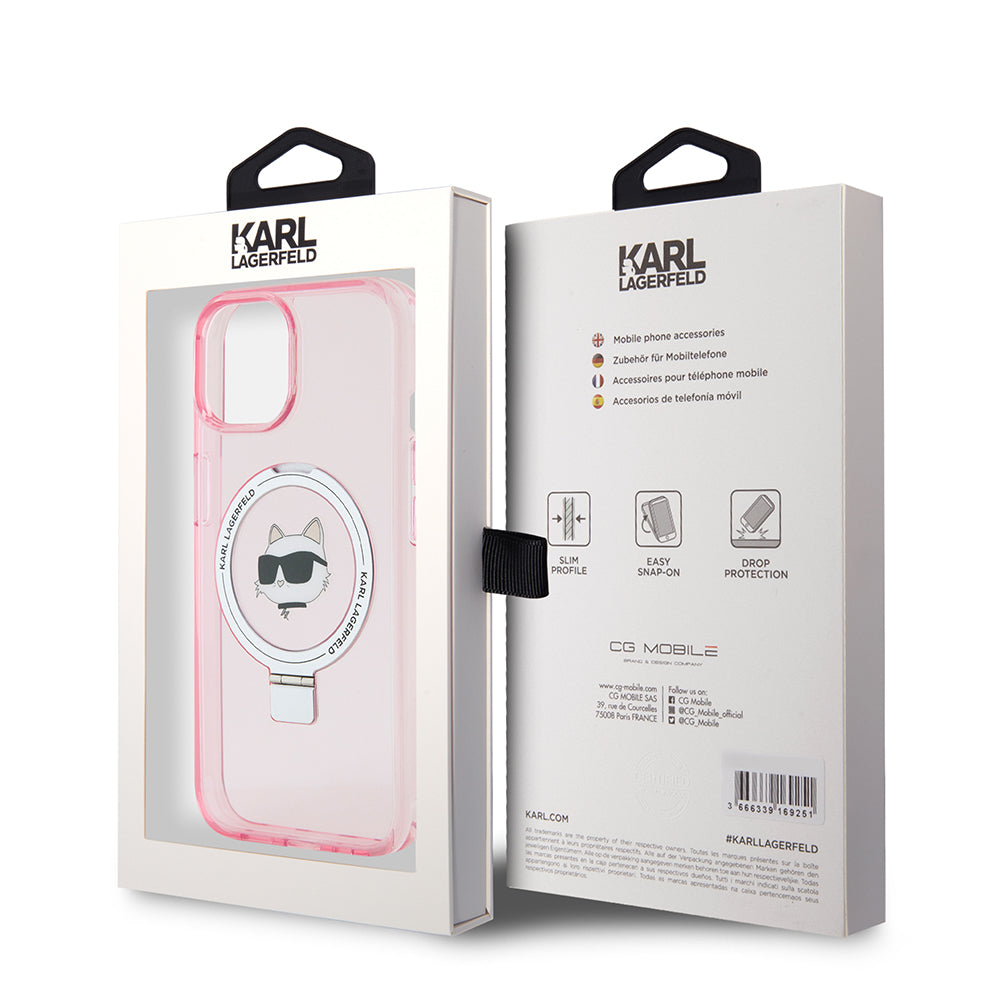Funda MagSafe para Apple iPhone 15, Karl Lagerfeld, Ring Stand Choupette's Head, Rosa
