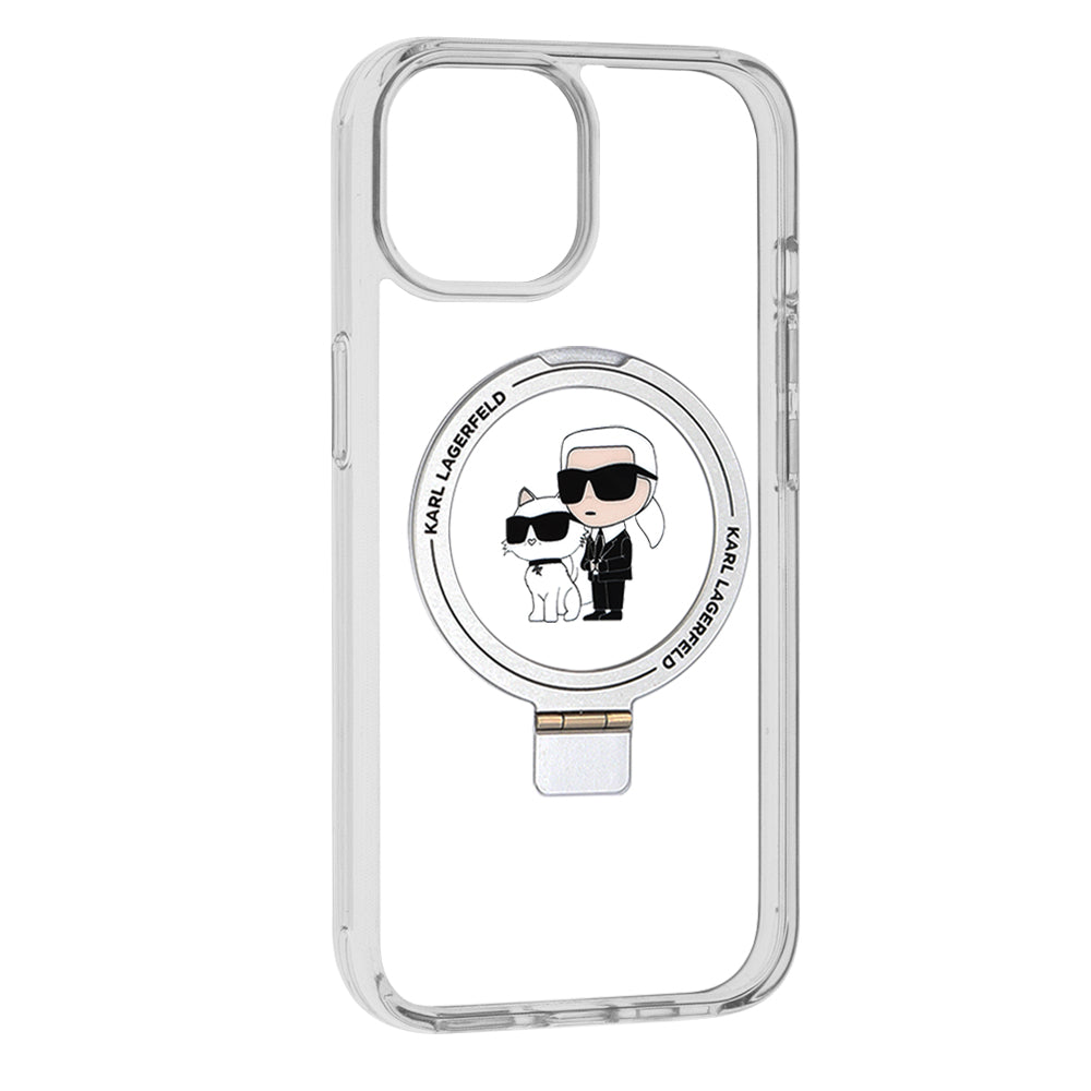 Funda MagSafe para Apple iPhone 15, Karl Lagerfeld, Ring Stand Karl & Choupette, Blanca