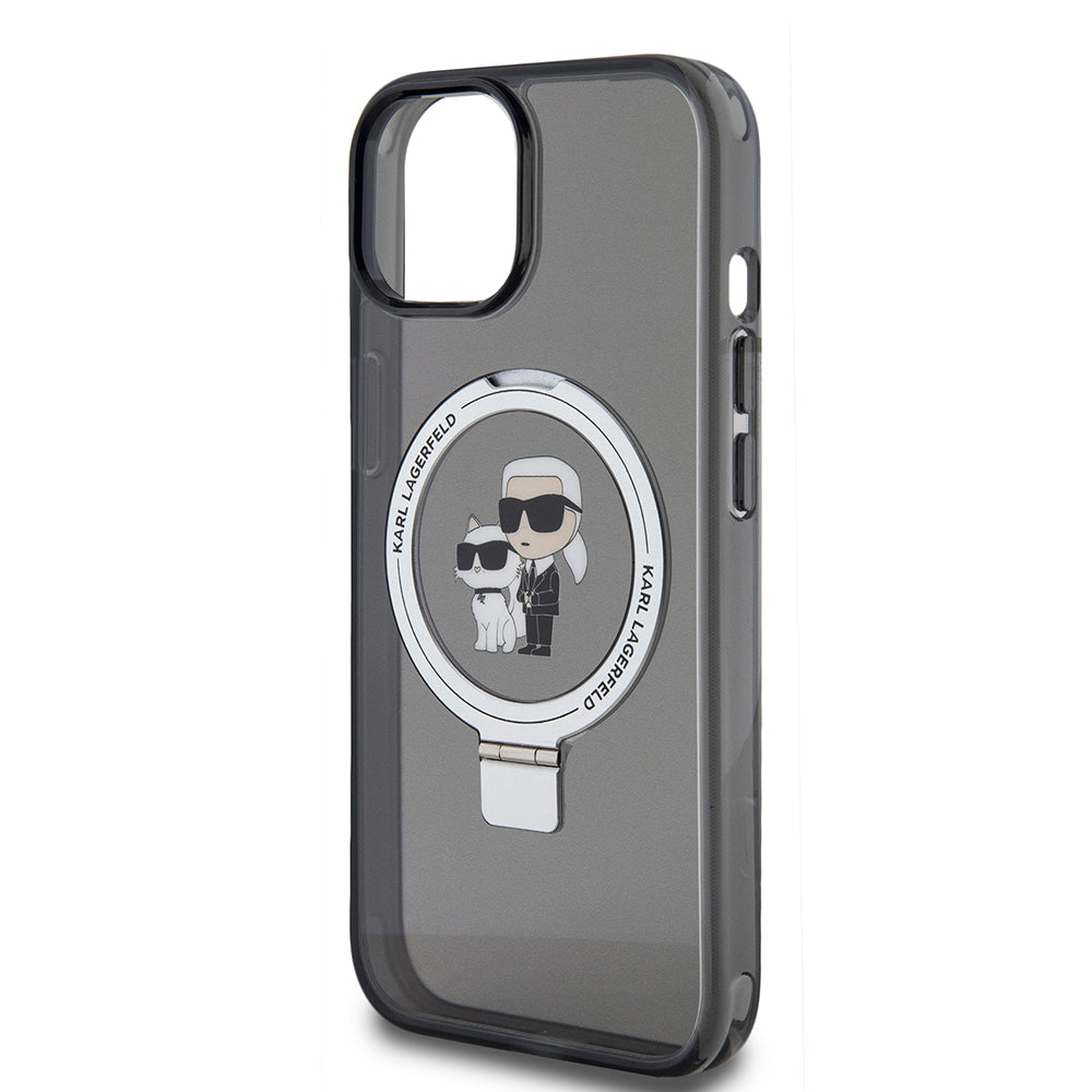 Funda MagSafe para Apple iPhone 15, Karl Lagerfeld, Ring Stand Karl & Choupette, Negra
