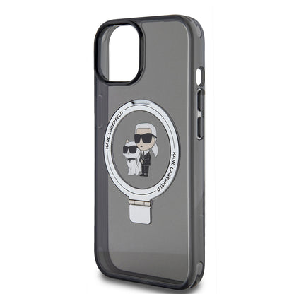 Funda MagSafe para Apple iPhone 15, Karl Lagerfeld, Ring Stand Karl & Choupette, Negra
