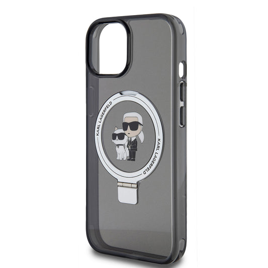 Funda MagSafe para Apple iPhone 15, Karl Lagerfeld, Ring Stand Karl & Choupette, Negra