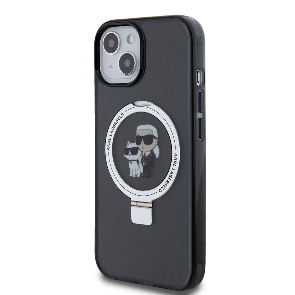 Funda MagSafe para Apple iPhone 15, Karl Lagerfeld, Ring Stand Karl & Choupette, Negra