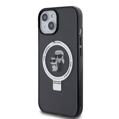 Funda MagSafe para Apple iPhone 15, Karl Lagerfeld, Ring Stand Karl & Choupette, Negra
