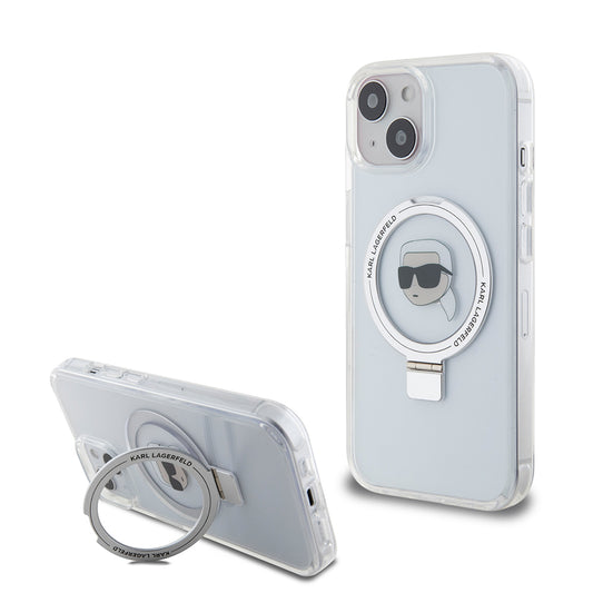 Funda MagSafe para Apple iPhone 15, Karl Lagerfeld, Ring Stand Karl's Head, Blanca