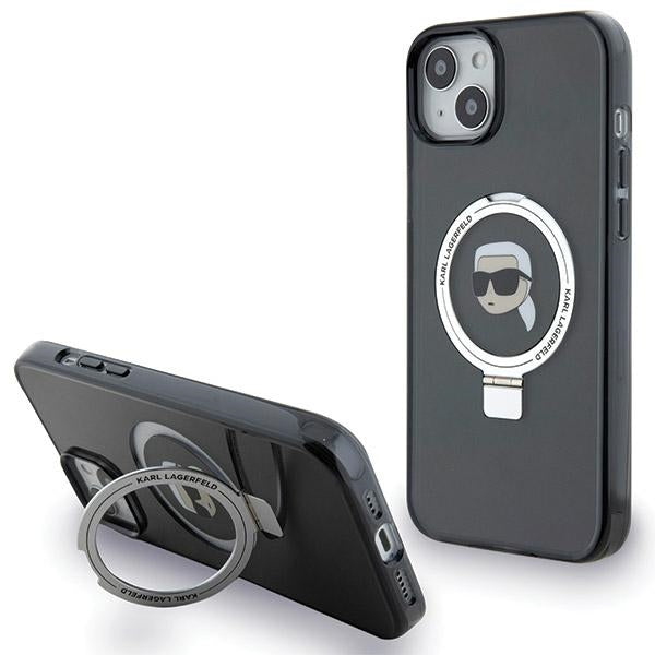 Funda MagSafe para Apple iPhone 15, Karl Lagerfeld, Ring Stand Karl's Head, Negra