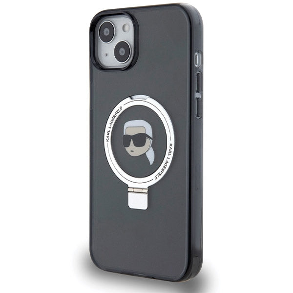 Funda MagSafe para Apple iPhone 15, Karl Lagerfeld, Ring Stand Karl's Head, Negra