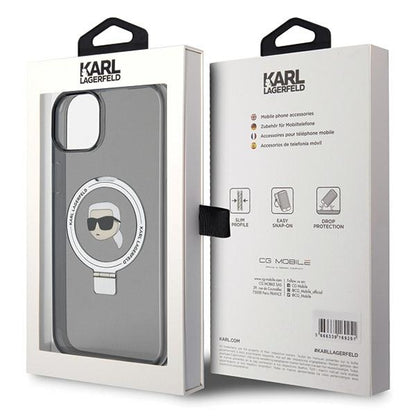 Funda MagSafe para Apple iPhone 15, Karl Lagerfeld, Ring Stand Karl's Head, Negra