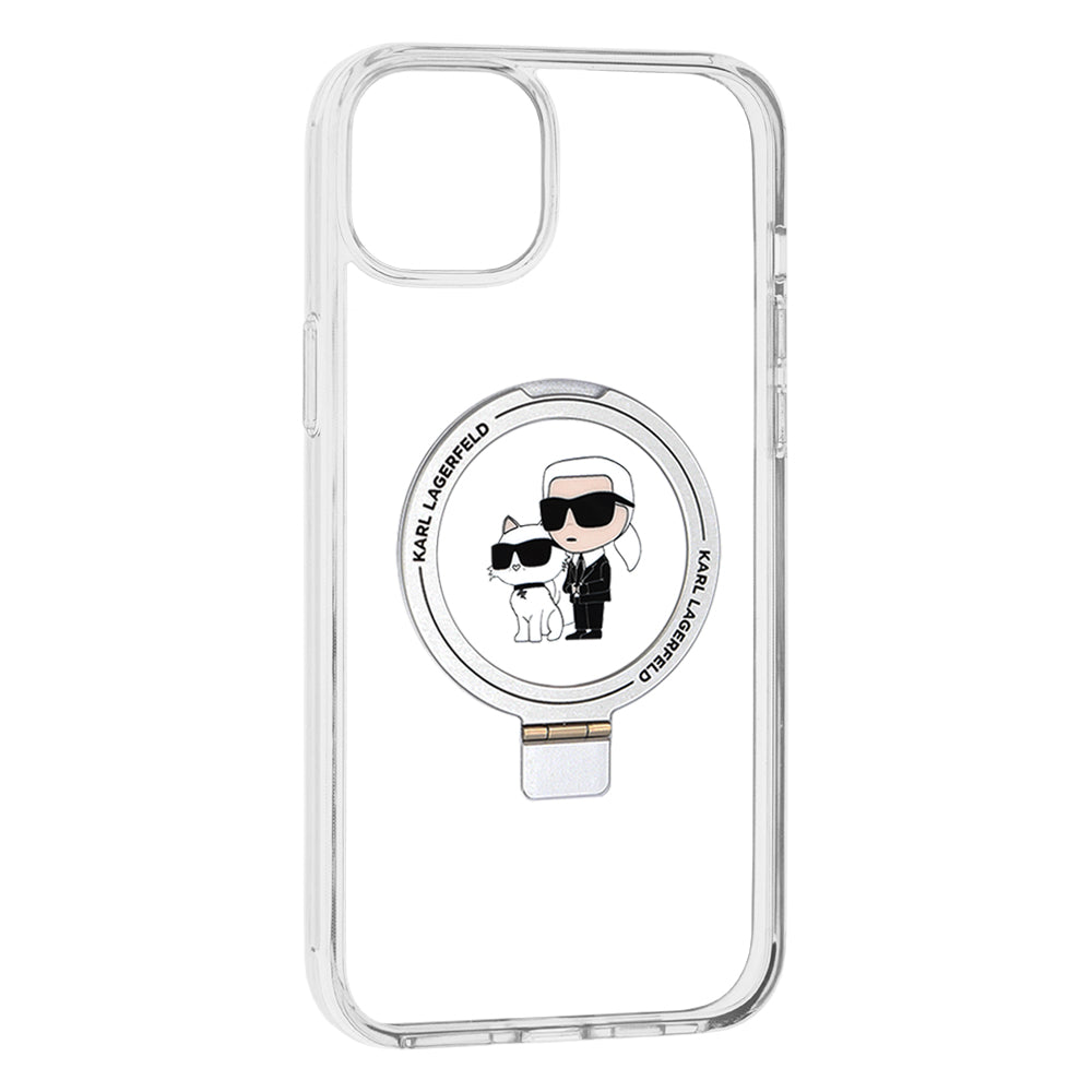 Funda MagSafe para Apple iPhone 15 Plus, Karl Lagerfeld, Ringstand Karl y Choupette, Blanca