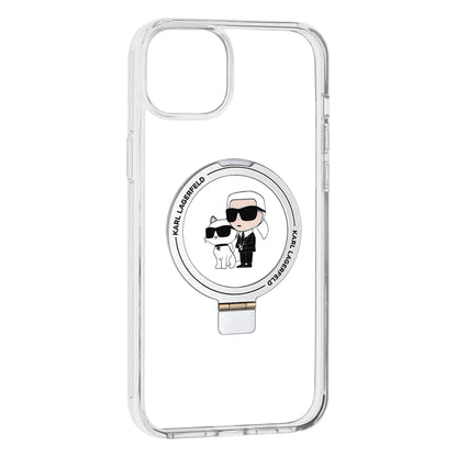 Funda MagSafe para Apple iPhone 15 Plus, Karl Lagerfeld, Ringstand Karl y Choupette, Blanca