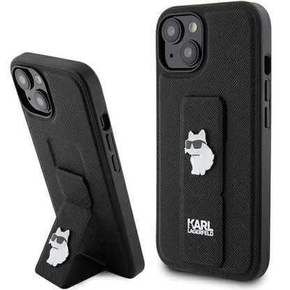 Funda MagSafe para Apple iPhone 15, Karl Lagerfeld, Saffiano Gripstand Choupette, Negra