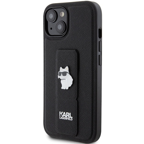 Funda MagSafe para Apple iPhone 15, Karl Lagerfeld, Saffiano Gripstand Choupette, Negra