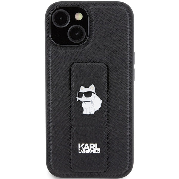 Funda MagSafe para Apple iPhone 15, Karl Lagerfeld, Saffiano Gripstand Choupette, Negra