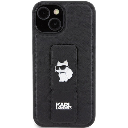 Funda MagSafe para Apple iPhone 15, Karl Lagerfeld, Saffiano Gripstand Choupette, Negra