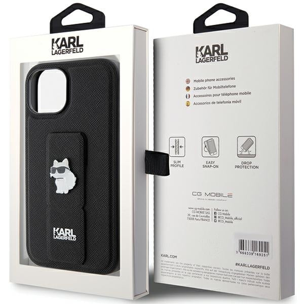 Funda MagSafe para Apple iPhone 15, Karl Lagerfeld, Saffiano Gripstand Choupette, Negra