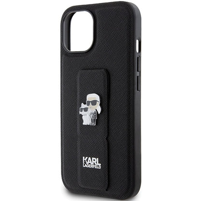 Funda MagSafe para Apple iPhone 15, Karl Lagerfeld, Saffiano Gripstand Karl & Choupette, Negra