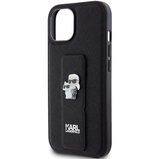 Funda MagSafe para Apple iPhone 15, Karl Lagerfeld, Saffiano Gripstand Karl & Choupette, Negra